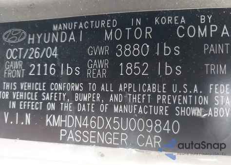 2005 Hyundai Elantra Gls/Gt from USA, damaged, VIN KMHDN46DX5U009840